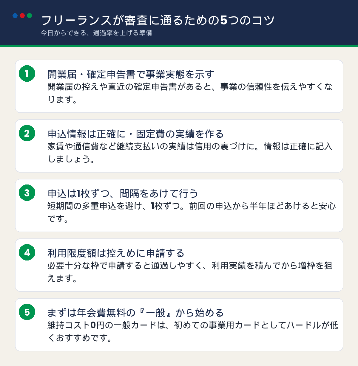 フリーランスがJCB Biz ONEの審査に通るための5つのコツの図