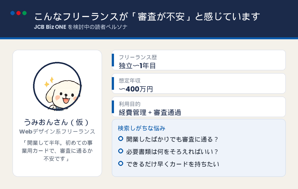 JCB Biz ONEの審査を不安に感じるフリーランスのペルソナ図