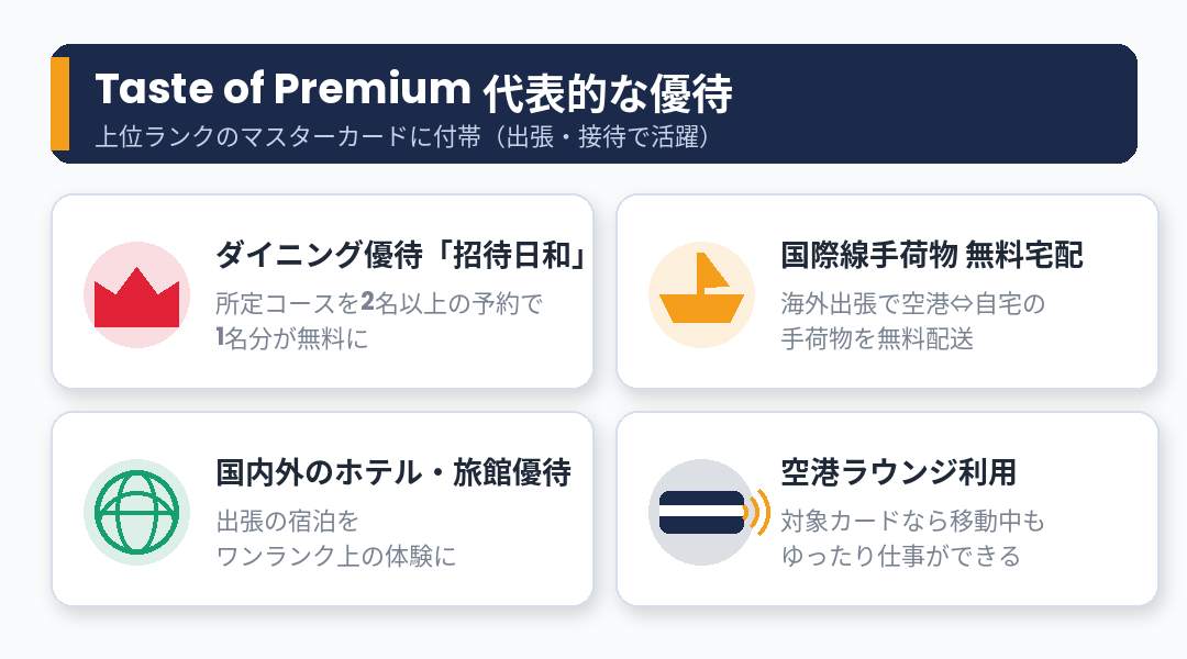 Taste of Premiumの代表的な優待（ダイニング1名分無料・手荷物無料宅配・ホテル優待）