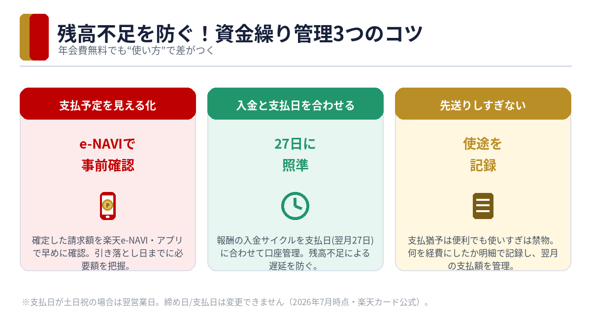 残高不足を防ぐ資金繰り管理3つのコツの図解