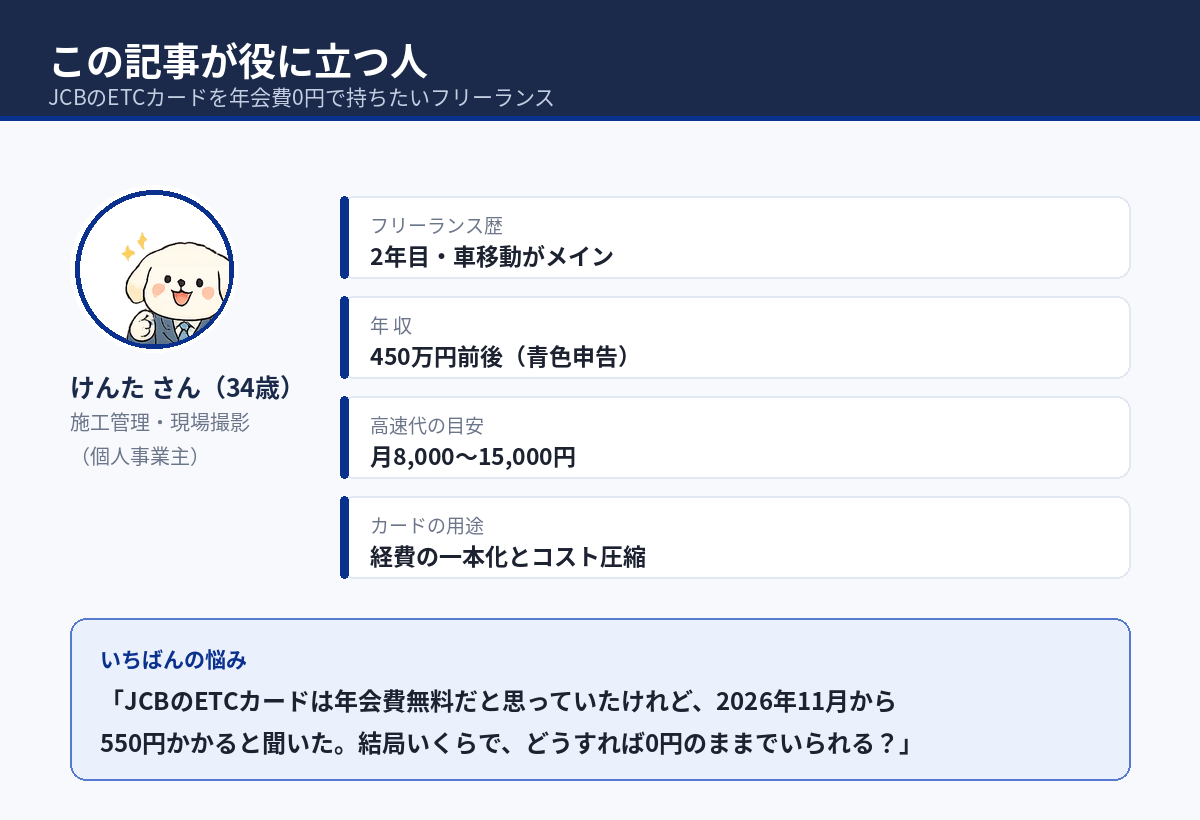 JCBのETCカードを年会費0円で持ちたいフリーランスのペルソナ
