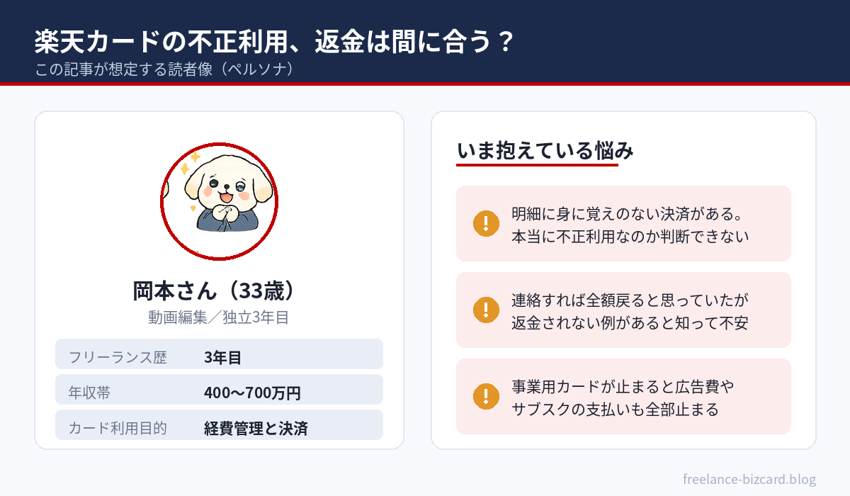 楽天カードの不正利用に悩むフリーランスのペルソナ図