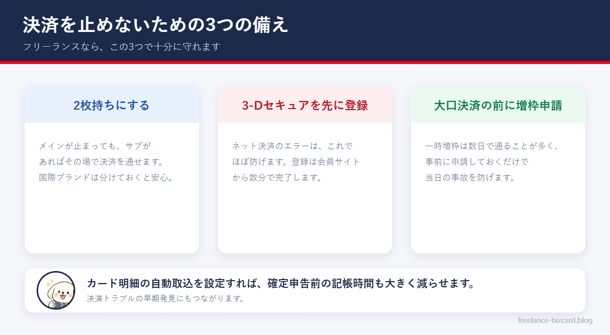 メインカードとサブカードの2枚持ちと会計ソフト連携で決済を止めない体制の図解